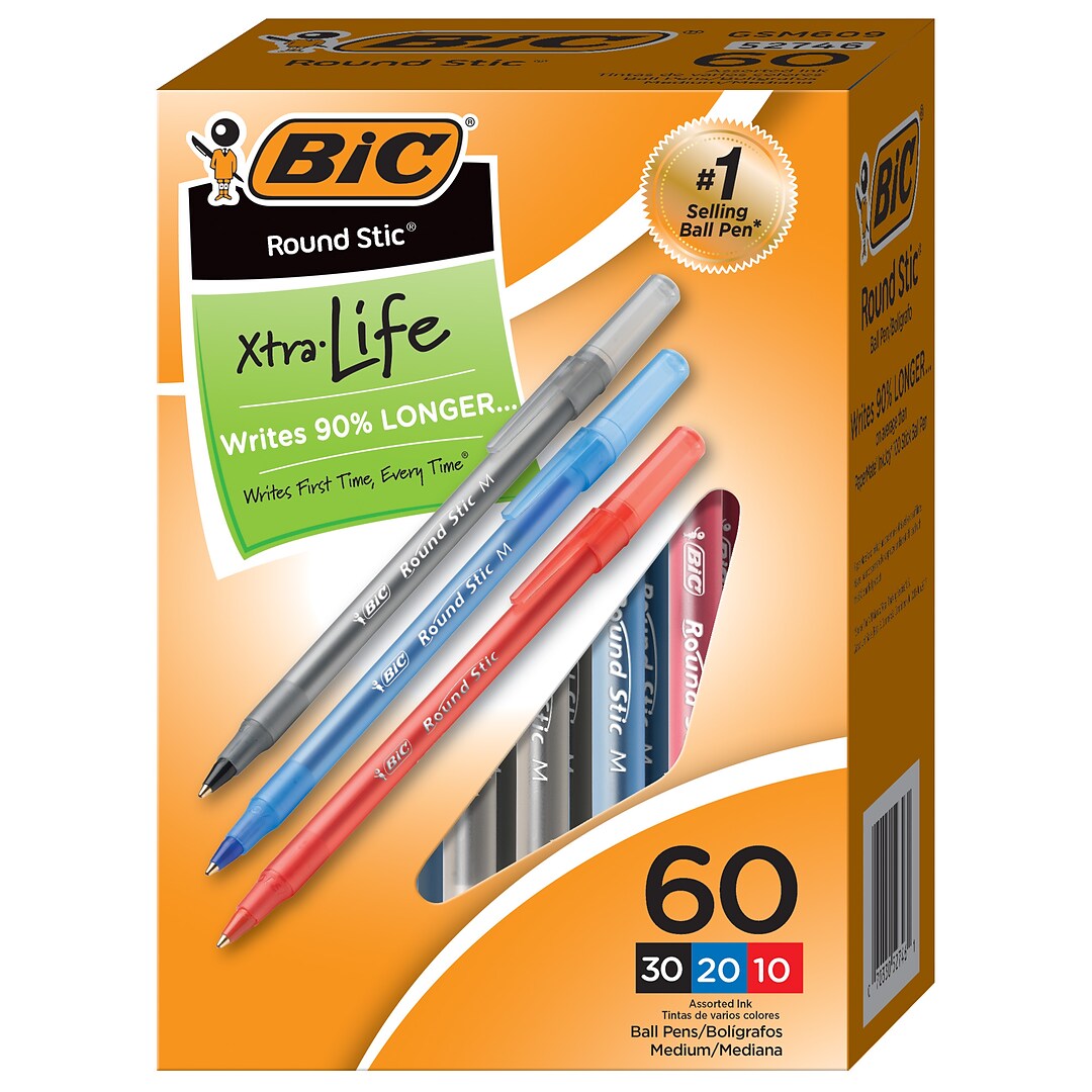 1.0mm 60-Count - New GSM609-BLUE Medium Point BIC Round Stic Xtra Life Ballpoint Pen Blue 
