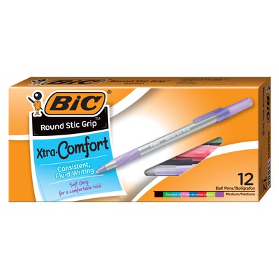 BIC Round Stic Grip Xtra-Comfort Ballpoint Pens, Medium 1.0 mm, Assorted Fashion, 12/Pack (WX8ST981-AST)