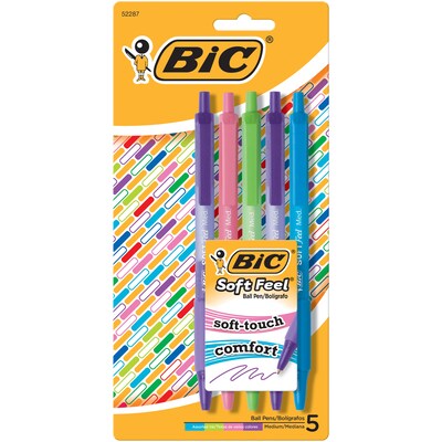 BIC Soft Feel Retractable Ballpoint Pens, Medium Point, Assorted Fashion, 5/Pack (SCSMAP51-AST)