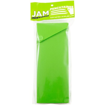 JAM Paper Plastic Sliding Pencil Case Box with Button Snap, Lime Green (2166513298)