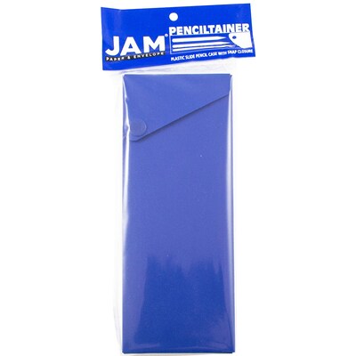 JAM Paper® Plastic Sliding Pencil Case Box with Button Snap, Blue (2166513297)