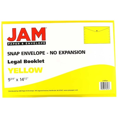 JAM Paper® Plastic Envelopes with Snap Closure, Legal Booklet, 9.75 x 14.5, Yellow, 12/Pack (34830YE)