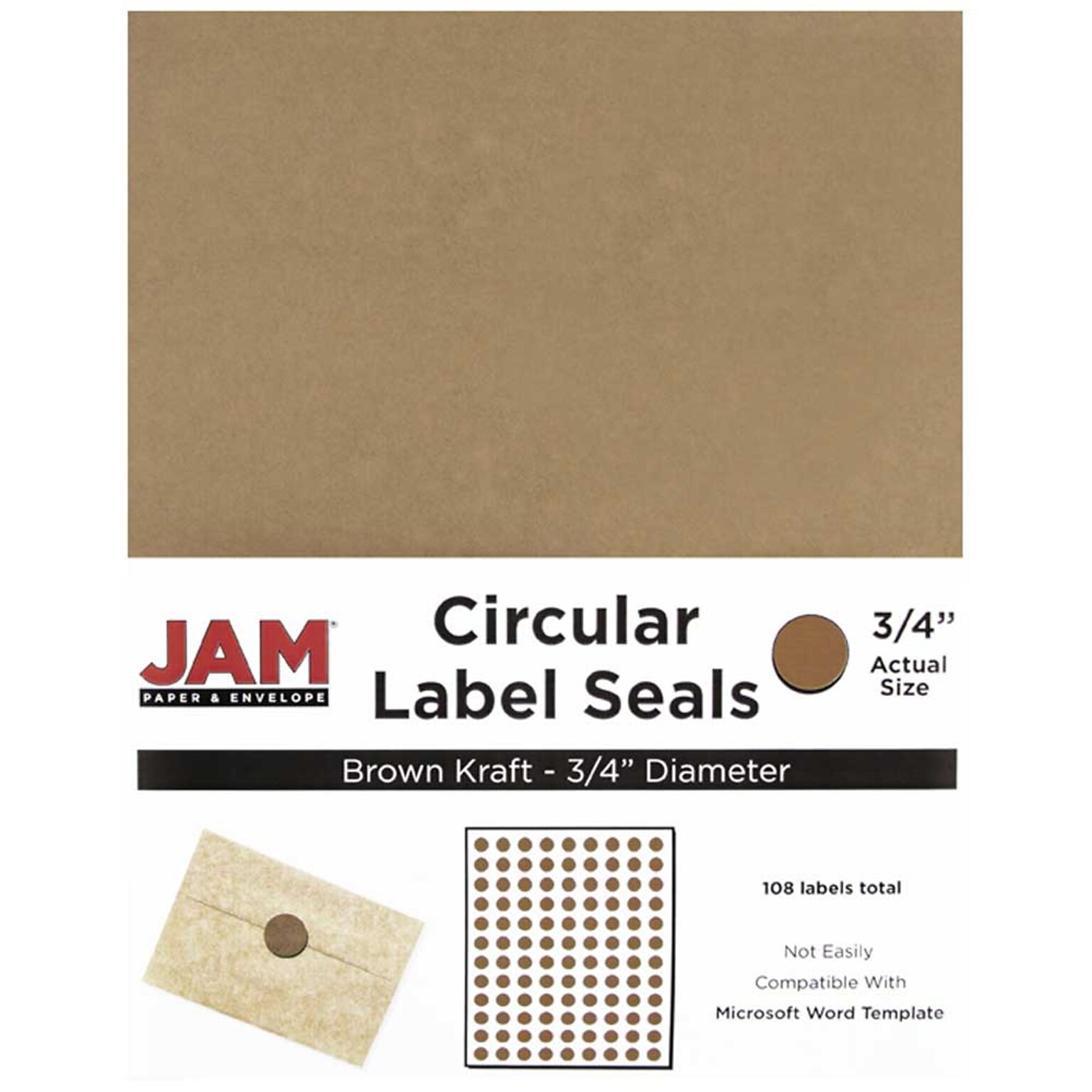 JAM Paper® Round Circle Label Sticker Seals, 3/4, Brown Kraft, 108/pack (3147612188)