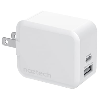Naztech 30-Watt Power Delivery Dual-Output USB-C Fast Wall Charger, White (15387)