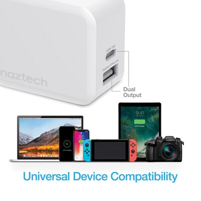 Naztech 30-Watt Power Delivery Dual-Output USB-C Fast Wall Charger, White (15387)
