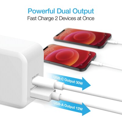 Naztech 30-Watt Power Delivery Dual-Output USB-C Fast Wall Charger, White (15387)