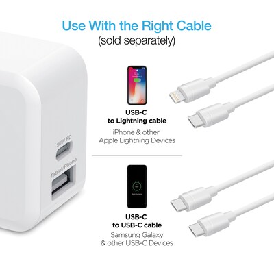 Naztech 30-Watt Power Delivery Dual-Output USB-C Fast Wall Charger, White (15387)