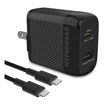 HyperGear SpeedBoost 25-Watt PD Dual-Output USB-C Wall Charger Kit, Black (15626)