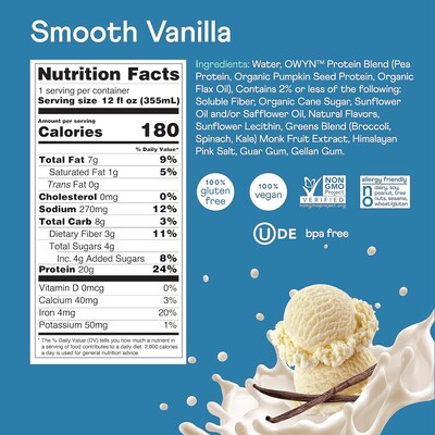 OWYN Smooth Vanilla Protein Drink, 12 oz, 12/Pack (382-00002)