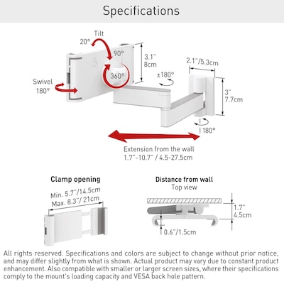 Barkan Full Motion 360° Rotating Wall & Cabinet Tablet Mount, White (T54)
