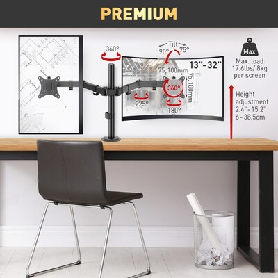 Barkan  dual monitor arm desk mount for 13" to 32" monitors, Black (M142T)