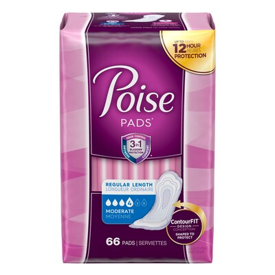 Poise Incontinence Pads, Moderate Absorbency, Regular, 66 Count (2 Cases) (33558X)