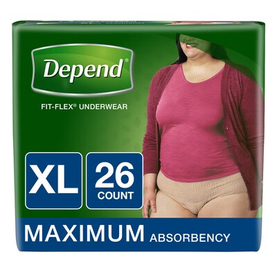 Depend FIT-FLEX Incontinence Underwear for Women, Maximum Absorbency, XL, Tan (13406X)