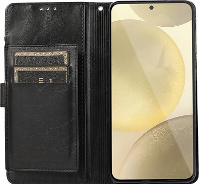 SaharaCase Genuine Leather Folio Wallet for Samsung Galaxy S24, Shock Absorbing, Black (CP00534)