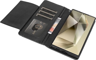 SaharaCase Genuine Leather Folio Wallet for Samsung Galaxy S24 Ultra, Shock Absorbing, Black (CP00548)