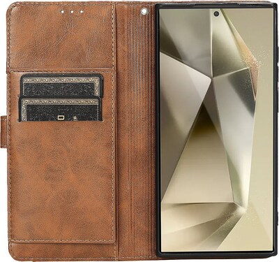 SaharaCase Genuine Leather Folio Wallet for Samsung Galaxy S24 Ultra, Shock Absorbing, Brown (CP00549)