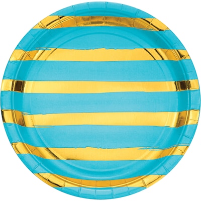 Creative Converting Foil Striped Paper Dinner Plates, Bermuda Blue and Gold, 24/Pack (DTC329945DPLTAB)