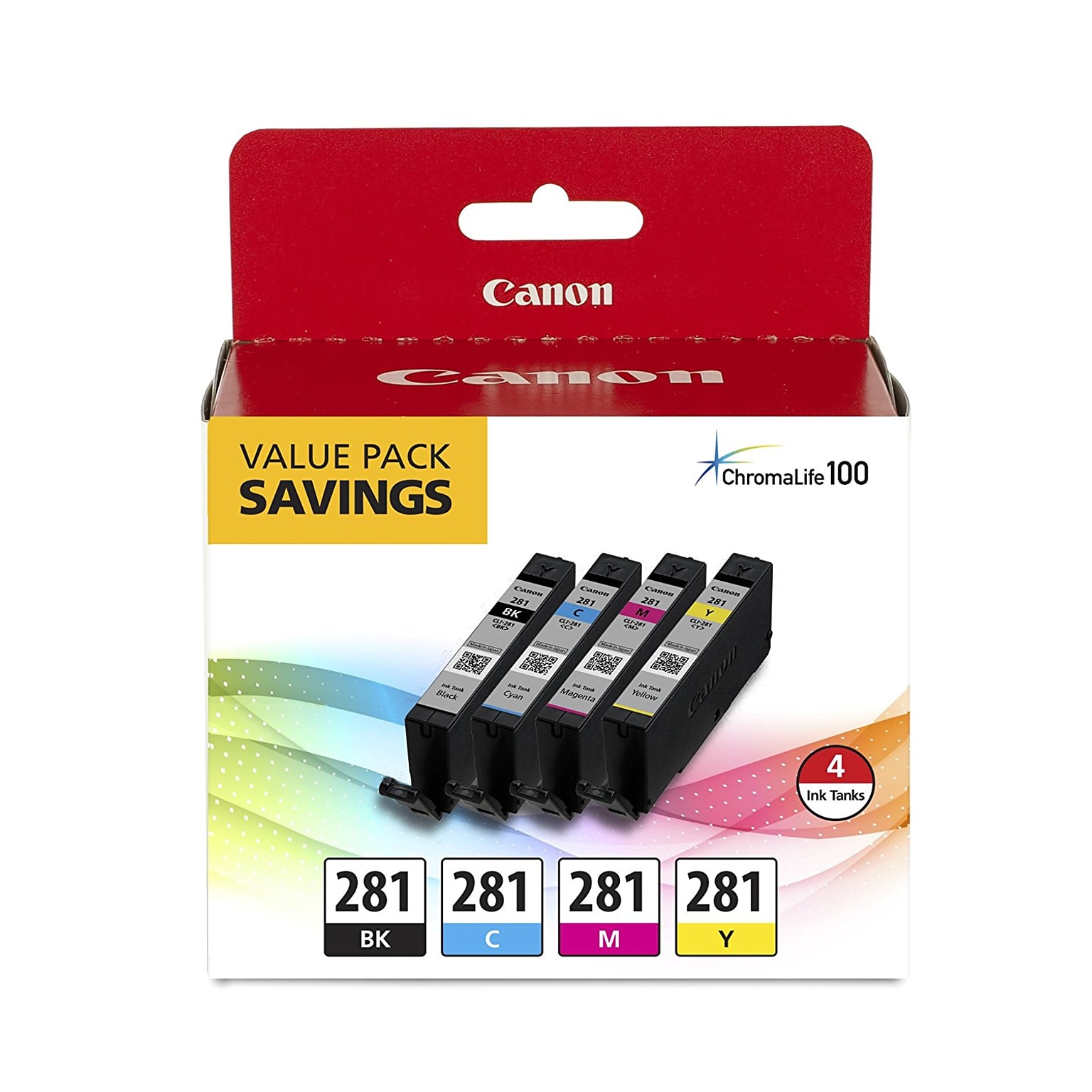 Canon 281 Black/Cyan/Magenta/Yellow Standard Yield Ink Cartridge, 4/Pack (2091C005)