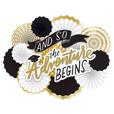 Amscan Graduation The Adventure Begins Deluxe Fan Decorating Kit, White, Gold, Black, Hot Stamped Paper (290082)