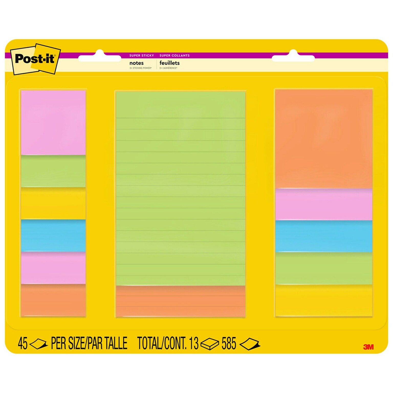 Post-it Super Sticky Notes, Assorted Sizes, Energy Boost Collection, 45 Sheets/Pad, 13 Pads/Pack (4623-13SSAU)
