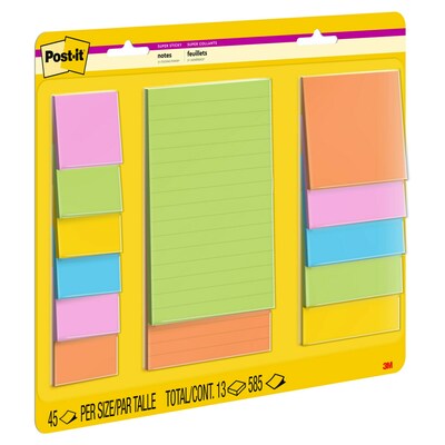 Post-it Super Sticky Notes, Assorted Sizes, Energy Boost Collection, 45 Sheets/Pad, 13 Pads/Pack (4623-13SSAU)