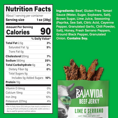 Baja Vida Lime and Serrano Pepper Beef Jerky Snack Pack, 1.0 oz., 12/Pack (220-02307)