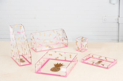 Deflecto® Desklarity™ 5-Piece Desk Set, Precisely Pineapple, Pink/Metallic Gold (DEF-41695)