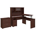 Bush Furniture Cabot 60W 3 Position L Shaped Sit to Stand Desk with Hutch and File Cabinet, Harvest Cherry (CAB047HVC)