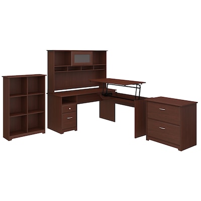 Bush Furniture Cabot 60W 3 Position L Shaped Sit to Stand Desk with Hutch and Storage, Harvest Cherry (CAB048HVC)
