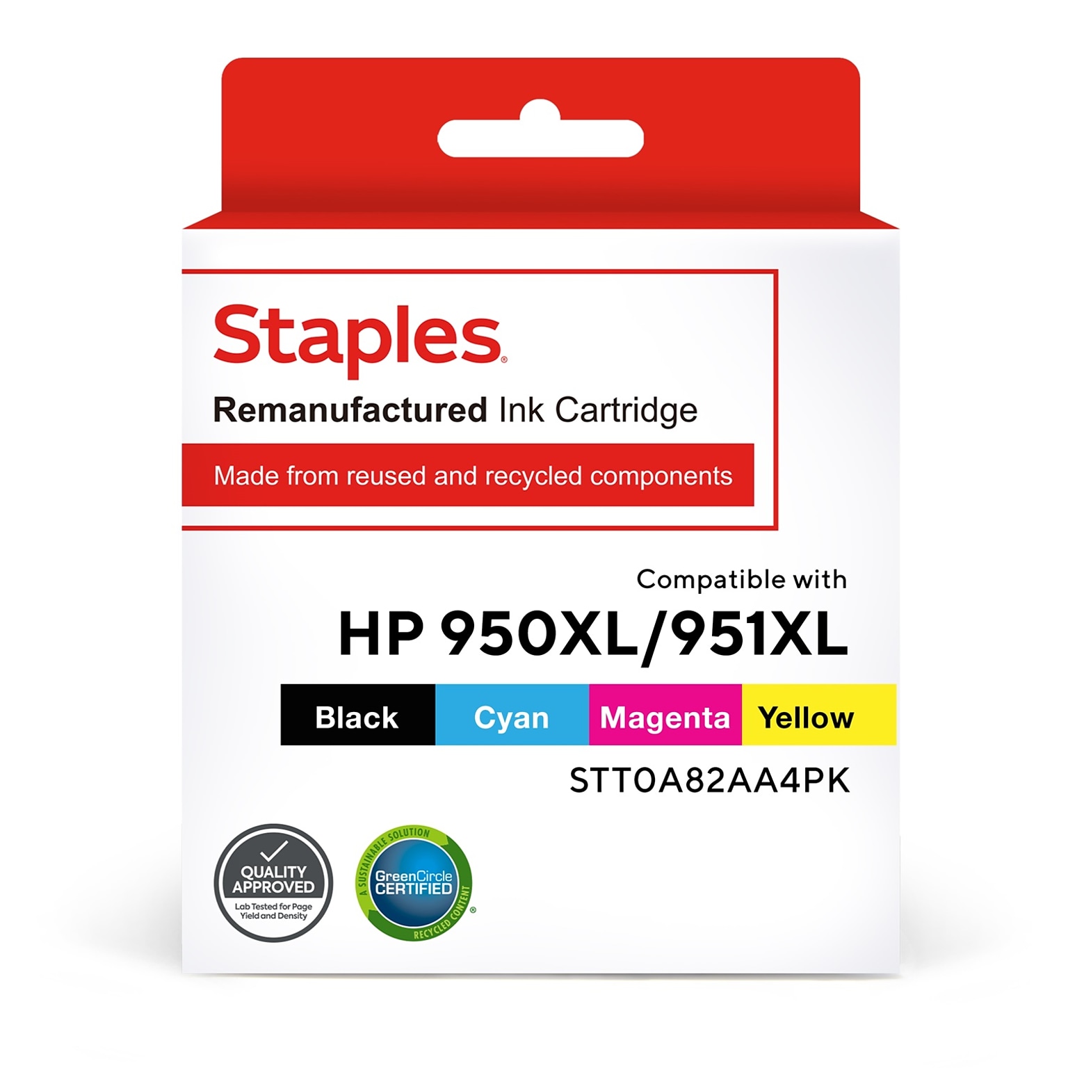 Staples Remanufactured Black/Cyan/Magenta/Yellow High Yield Ink Cartridges Replacement for HP 950XL/951XL, 4/Pack (STT0A82AA4PK)