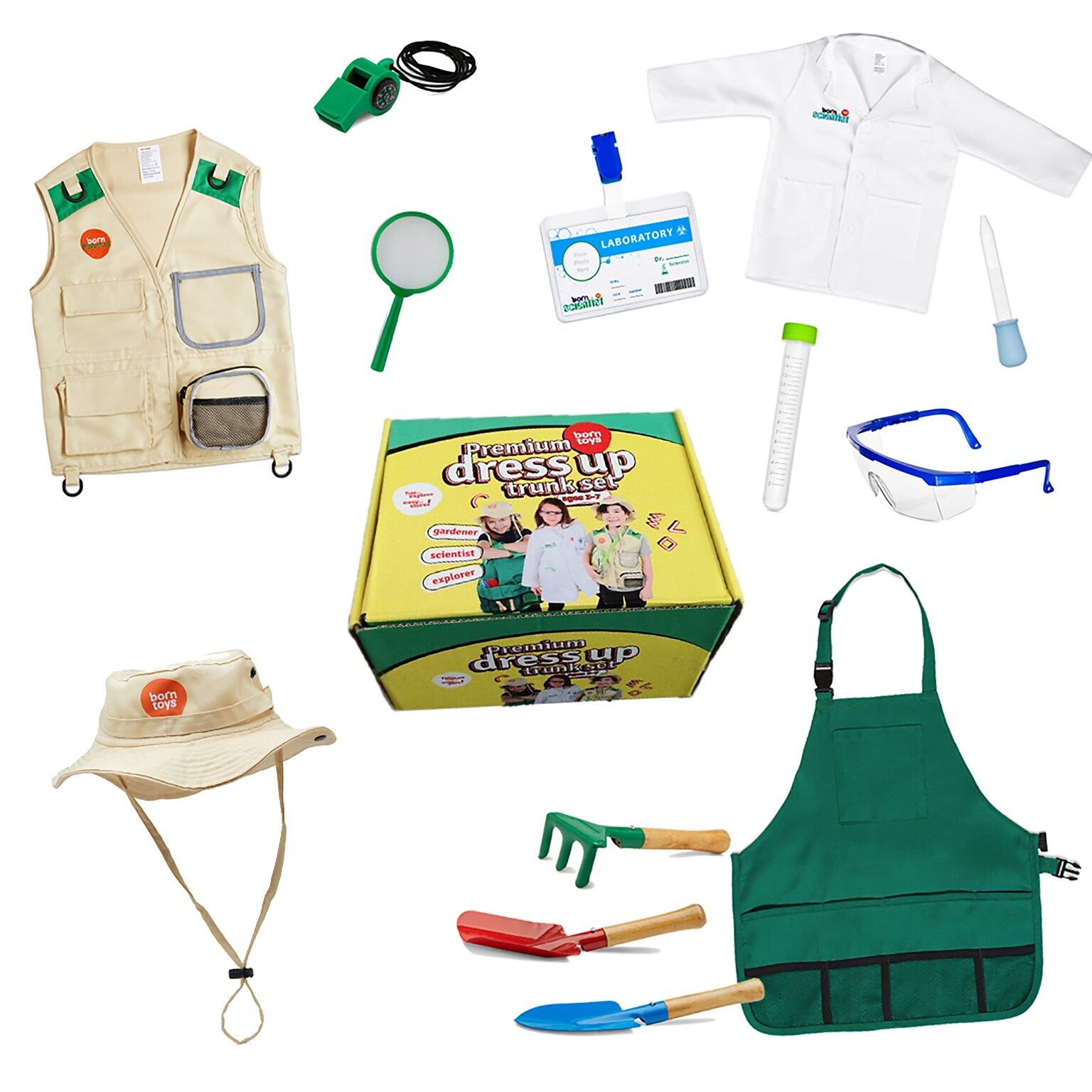 Bintiva Dress Up / Drama Play Trunk Set, Scientist-Explorer-Gardening, 16 Pieces/Set (BNVBT018)