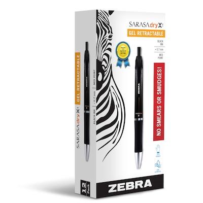 Zebra Sarasa Dry X1 Retractable Gel Pen, Medium Point, 0.7mm, Black Ink, Dozen (45610)