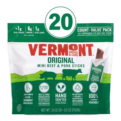 Vermont Smoke & Cure Original Mini Meat Sticks, 0.5 oz, 20/Pack (220-02353)