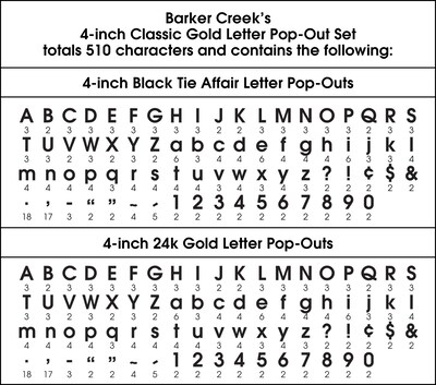 Barker Creek Gold & Black Tie Affair  4" Letters and Numbers, Multicolored, 510/Pack (4426)