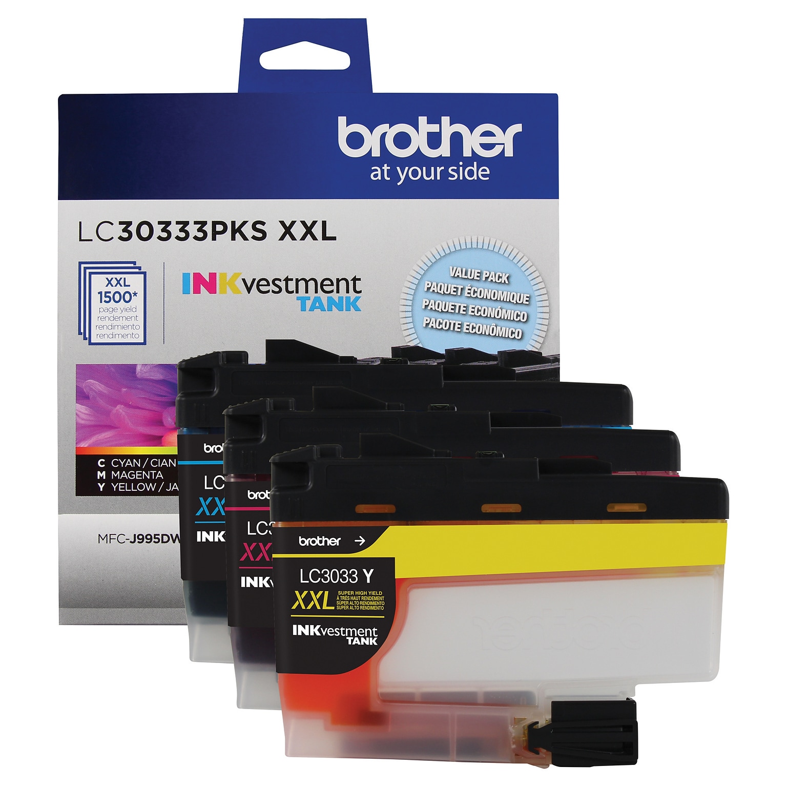 Brother LC3033 Cyan/Magenta/Yellow Super High Yield Ink Tank Cartridge, 3/Pack