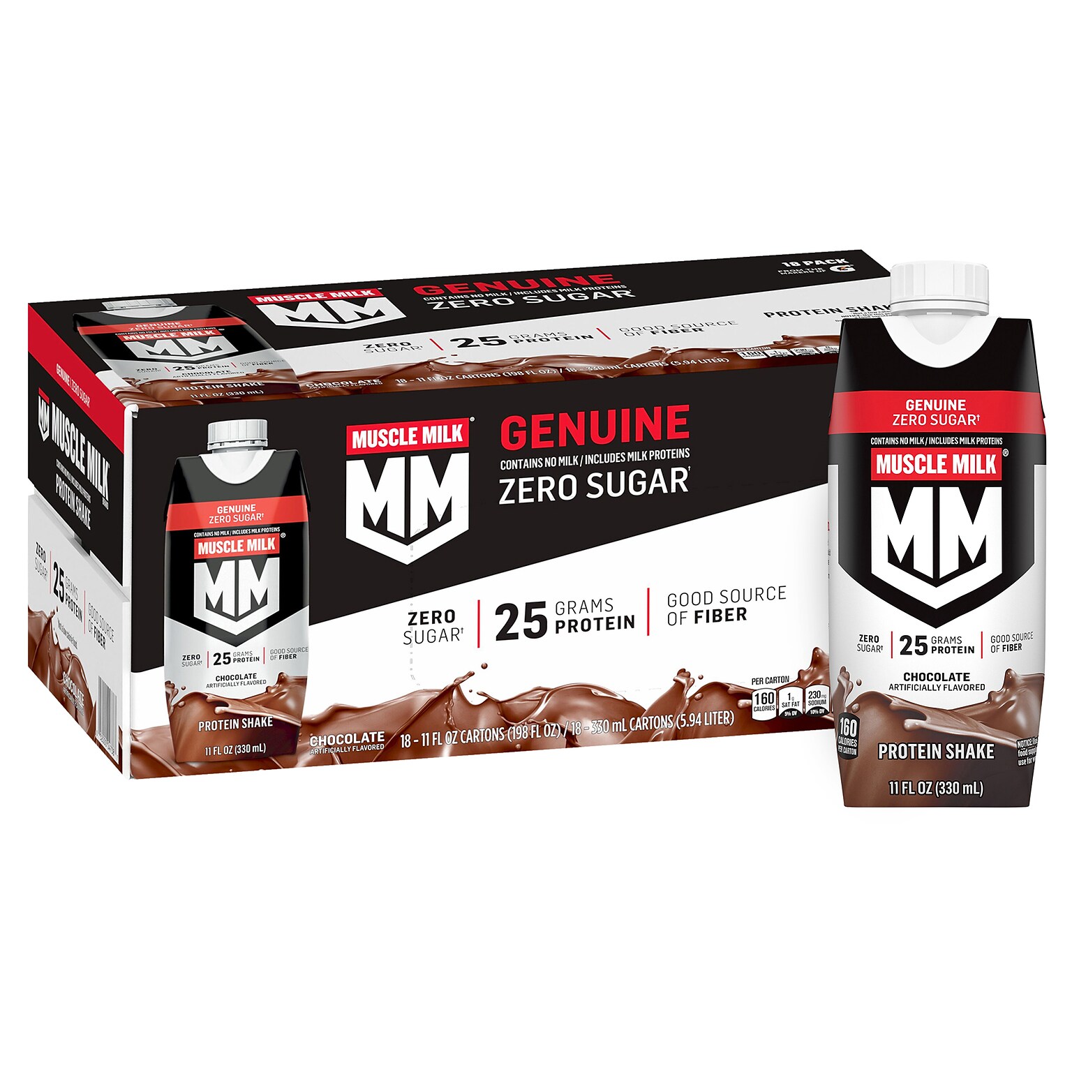 Muscle Milk Genuine Chocolate Protein Shake, 11 oz, 18/Pack (220-02378)