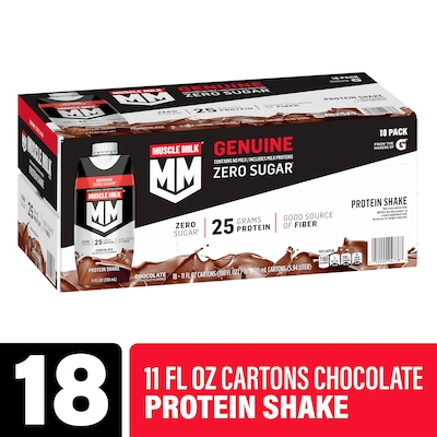 Muscle Milk Genuine Chocolate Protein Shake, 11 oz, 18/Pack (220-02378)