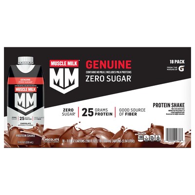 Muscle Milk Genuine Chocolate Protein Shake, 11 oz, 18/Pack (220-02378)