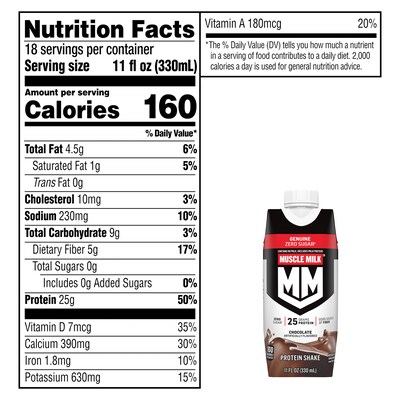Muscle Milk Genuine Chocolate Protein Shake, 11 oz, 18/Pack (220-02378)
