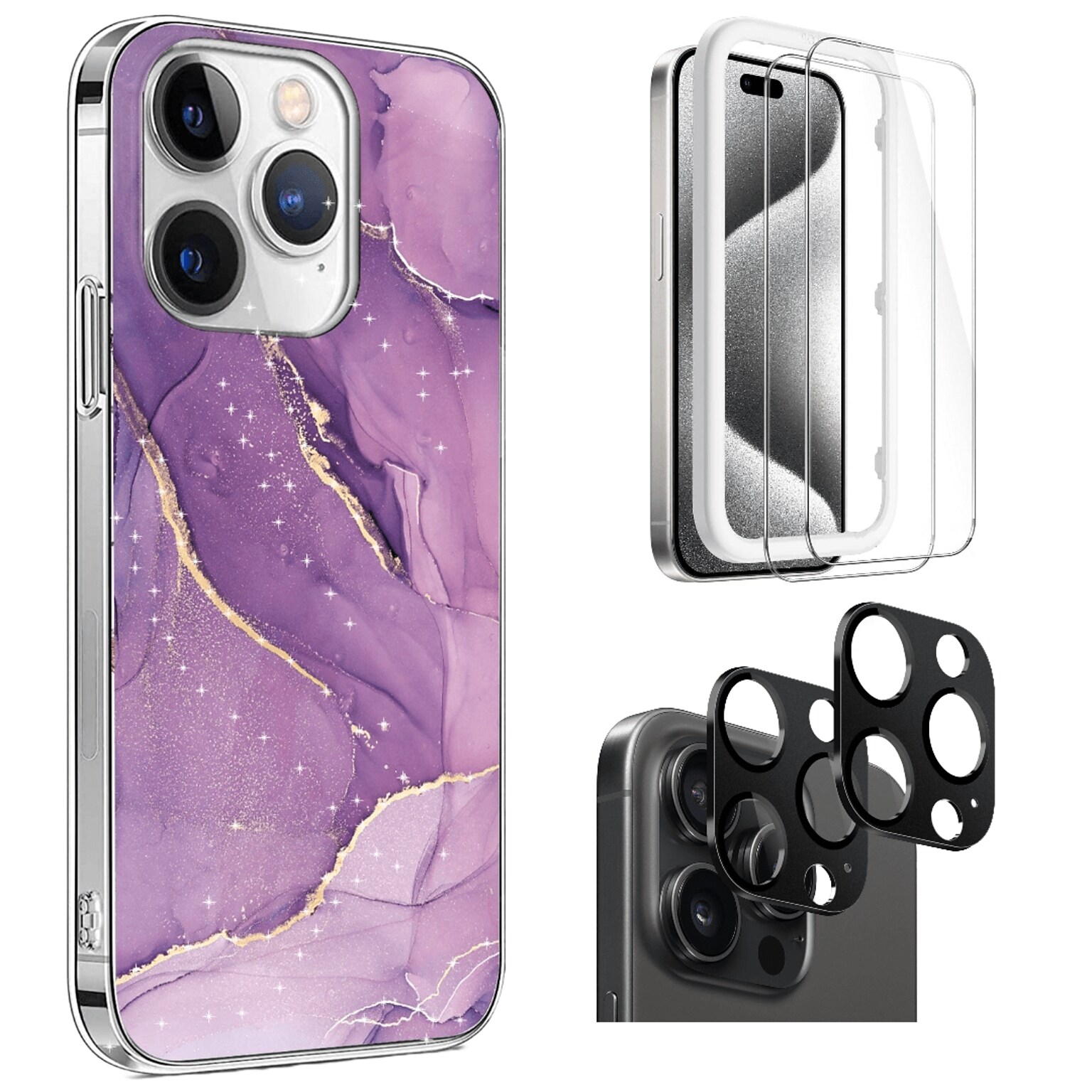 SaharaCase Purple Marble Case, Tempered Glass Screen and Camera Protector for iPhone 15 Pro Max (CP474ZD128ZD131)
