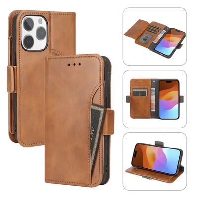 SaharaCase Genuine Leather Wallet Case, Tempered Glass Screen, Camera Protector for iPhone 15 Pro Max, Brown (CP481ZD128ZD131)