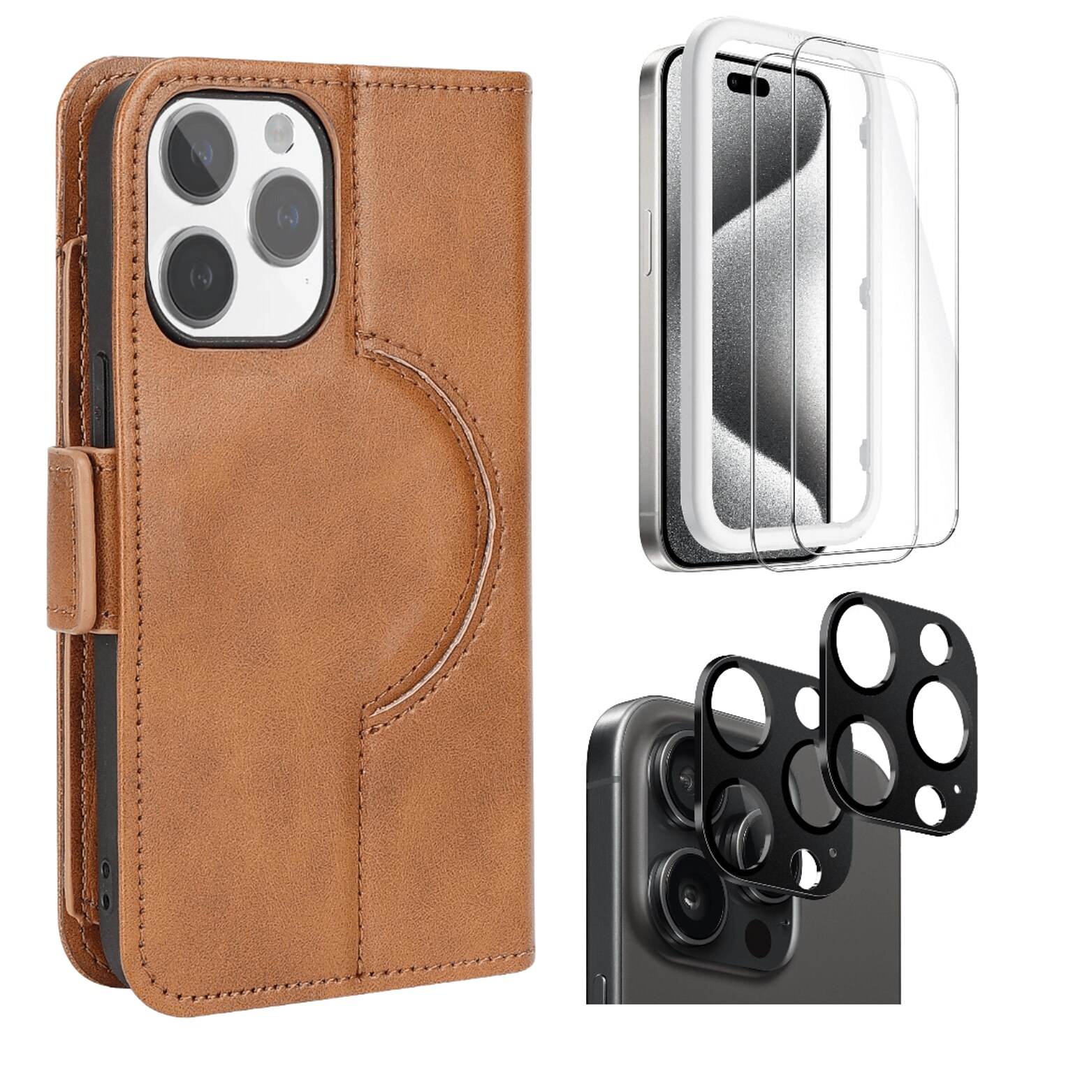 SaharaCase Genuine Leather Wallet Case, Tempered Glass Screen, Camera Protector for iPhone 15 Pro Max, Brown (CP481ZD128ZD131)
