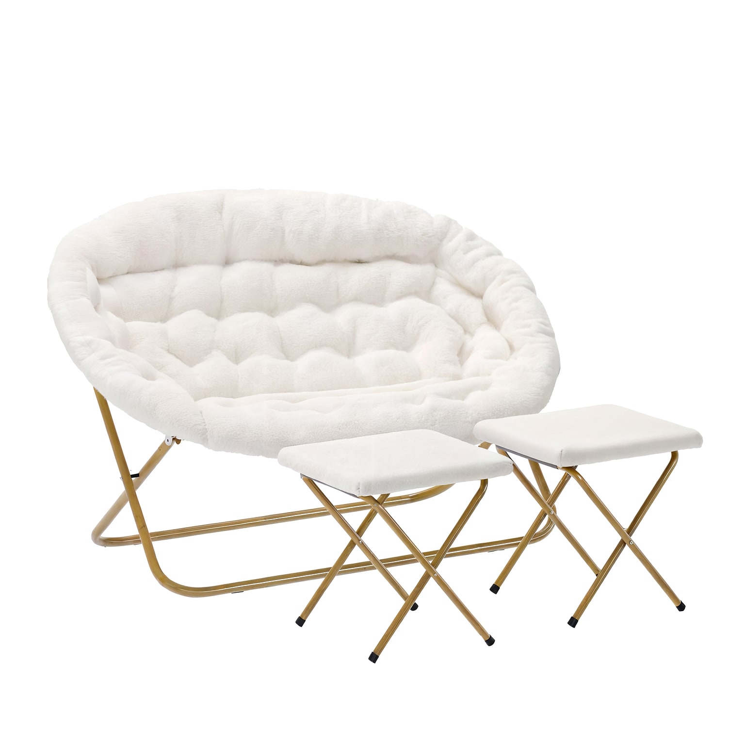 Flash Furniture Eleanor Faux Shearling Folding Double Saucer Chair with 2 Ottomans, Ivory (FVFDS0012FIVSGD)