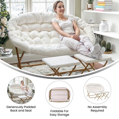 Flash Furniture Eleanor Faux Shearling Folding Double Saucer Chair with 2 Ottomans, Ivory (FVFDS0012FIVSGD)