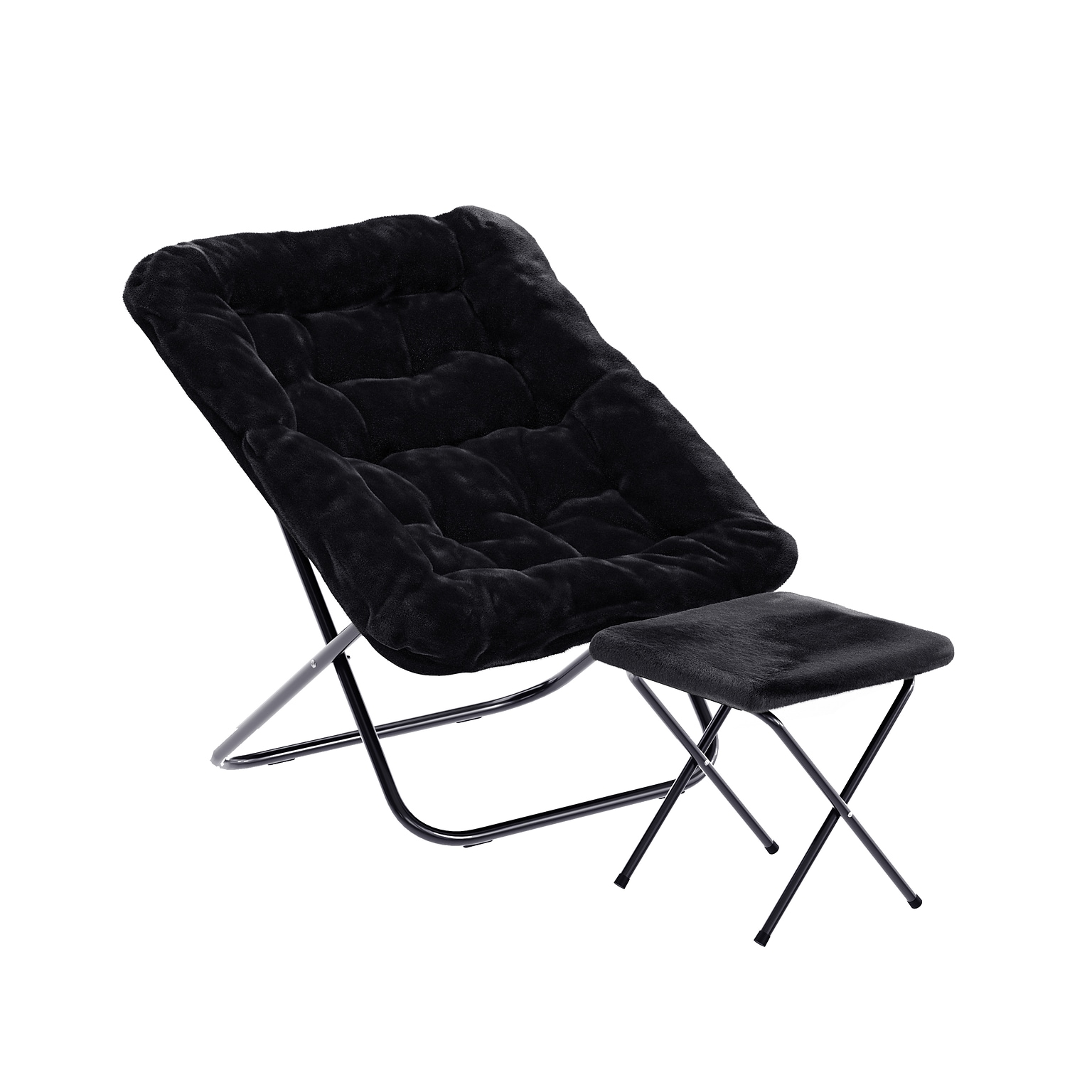 Flash Furniture Archer Faux Fur Folding Saucer Chair with Ottoman, Black (FVFSC027FRBKBK)