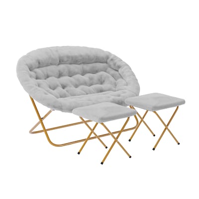 Flash Furniture Eleanor Faux Fur Folding Double Saucer Chair with 2 Ottomans, Gray (FVFDS0012FGYSGD)