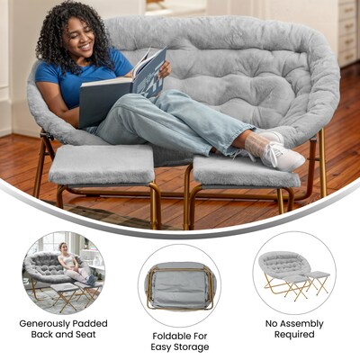 Flash Furniture Eleanor Faux Fur Folding Double Saucer Chair with 2 Ottomans, Gray (FVFDS0012FGYSGD)