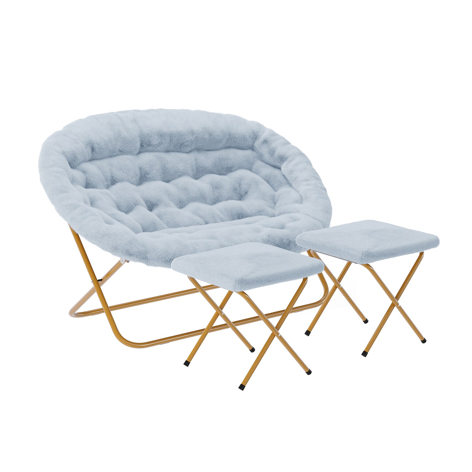 Flash Furniture Eleanor Faux Fur Folding Double Saucer Chair with 2 Ottomans, Dusty Aqua (FVFDS0012FAQSGD)
