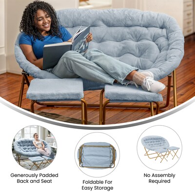Flash Furniture Eleanor Faux Fur Folding Double Saucer Chair with 2 Ottomans, Dusty Aqua (FVFDS0012FAQSGD)