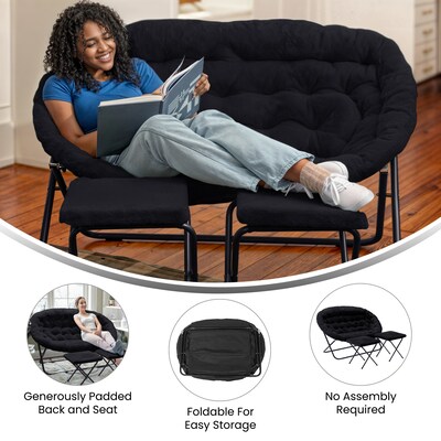 Flash Furniture Eleanor Faux Fur Folding Double Saucer Chair with 2 Ottomans, Black (FVFDS0012FBKBK)